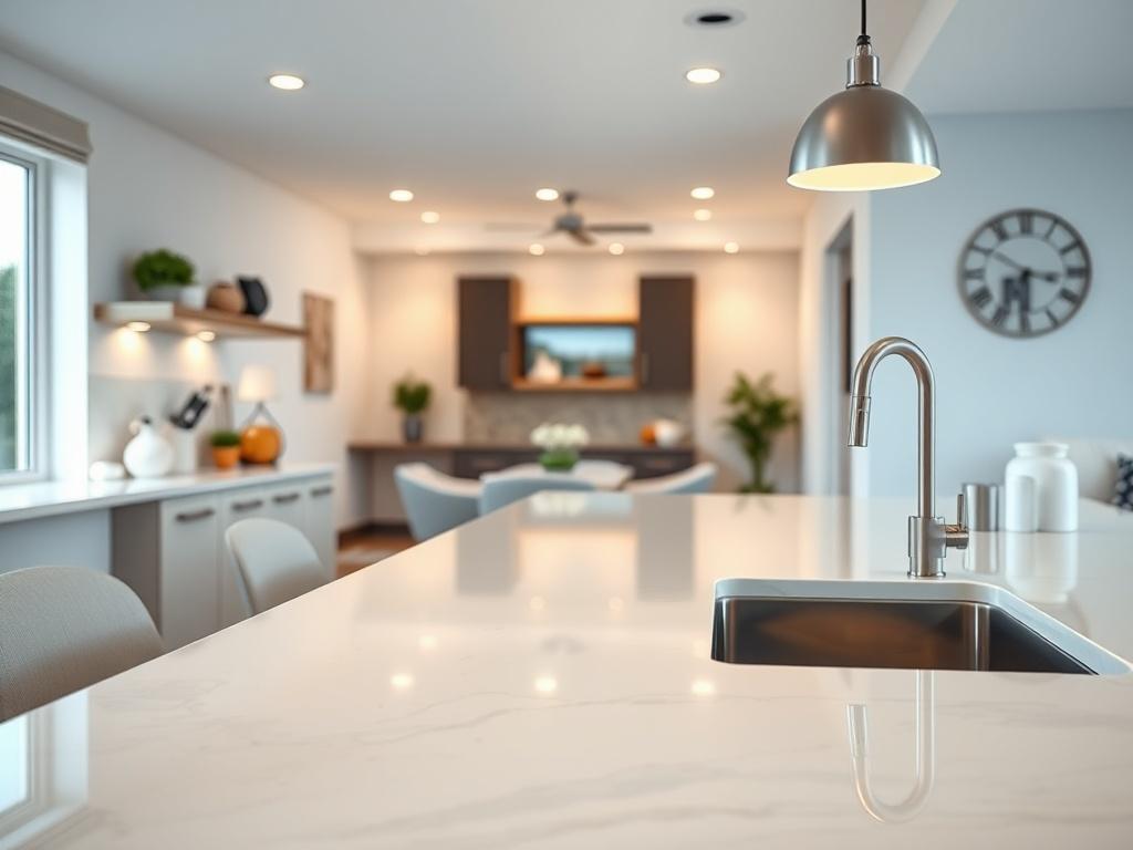 A modern kitchen with gleaming countertops and a well-organized living space visible in the background. The image should portray a clean and inviting environment, emphasizing attention to detail and a spotless finish. Capture the scene with a 45mm f/1.2 lens style, ensuring a focus on cleanliness and harmony, in a color palette compatible with rgb(85, 141, 151).