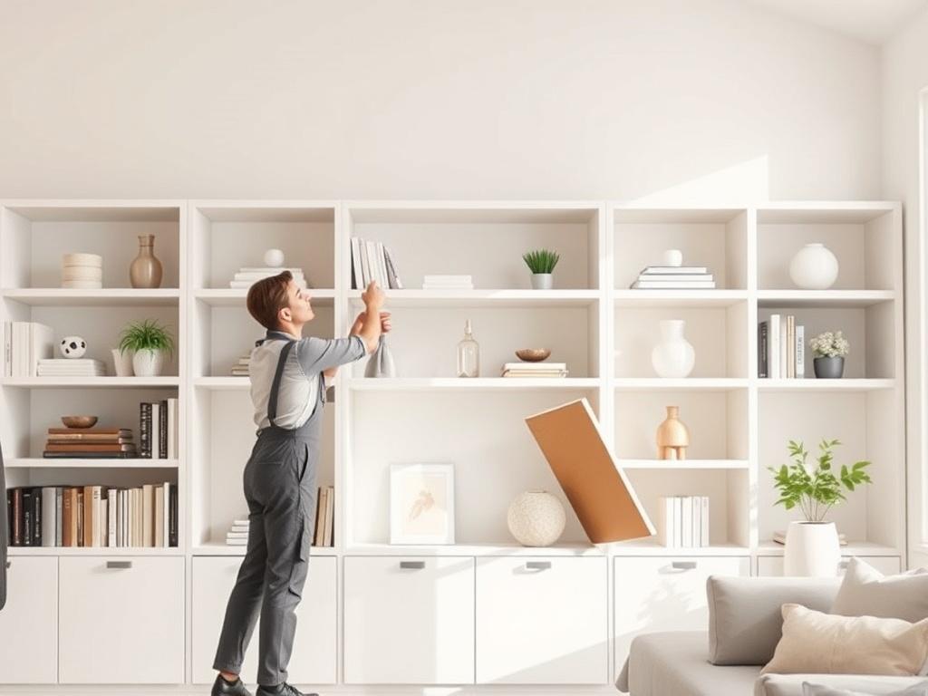 A professional cleaner carefully organizing and dusting shelves in a bright, modern living room. The shelves are filled with books and decorative items. The background features a large window with natural light illuminating the space. The cleaner is wearing a uniform and appears focused and dedicated to their task. The overall composition emphasizes cleanliness and organization, with a minimalistic style and soft colors.