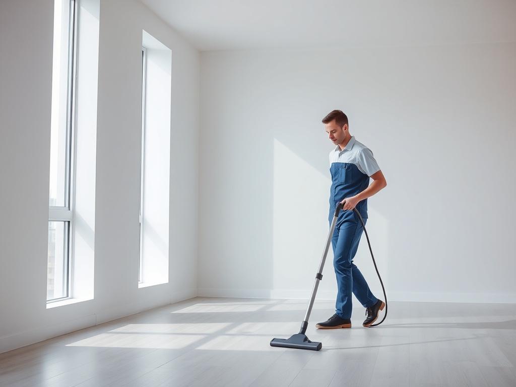 A high-resolution photo of a professional cleaner in a modern, empty apartment, wearing a uniform, using a vacuum cleaner. The background should be minimalistic and clean, showcasing the freshly cleaned and bright space with large windows letting in natural light. The cleaner should appear focused and diligent, emphasizing the meticulous nature of the move-out cleaning process.