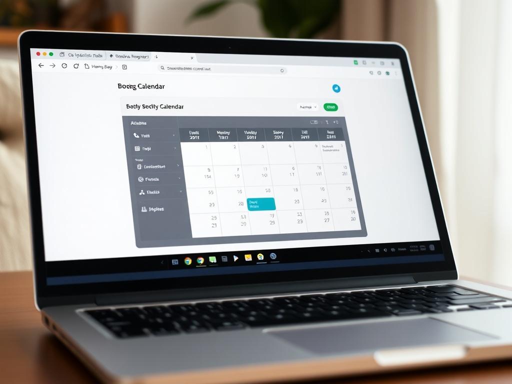 A realistic high-resolution close-up of an interactive booking calendar on a laptop screen, displaying a clean interface with available time slots highlighted, against a soft and inviting background.
