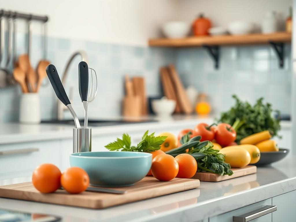 A hyper-realistic close-up shot of a clean kitchen countertop with neatly arranged utensils and fresh ingredients. The background should be softly blurred to emphasize the cleanliness of the countertop, using light colors such as white, sky blue, and yellow to create a bright, inviting atmosphere.