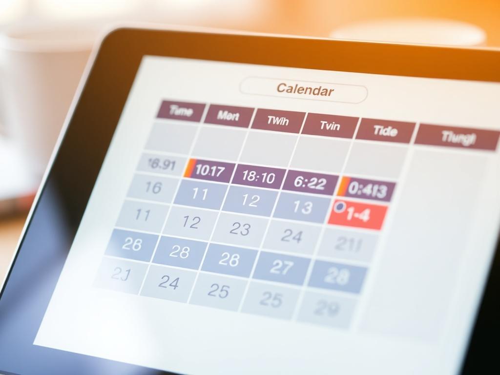 A close-up shot of a user-friendly interactive booking calendar on a digital device. The calendar should display available dates and times for booking, with a clean and modern design. The background should be bright and inviting, emphasizing an easy-to-use interface.
