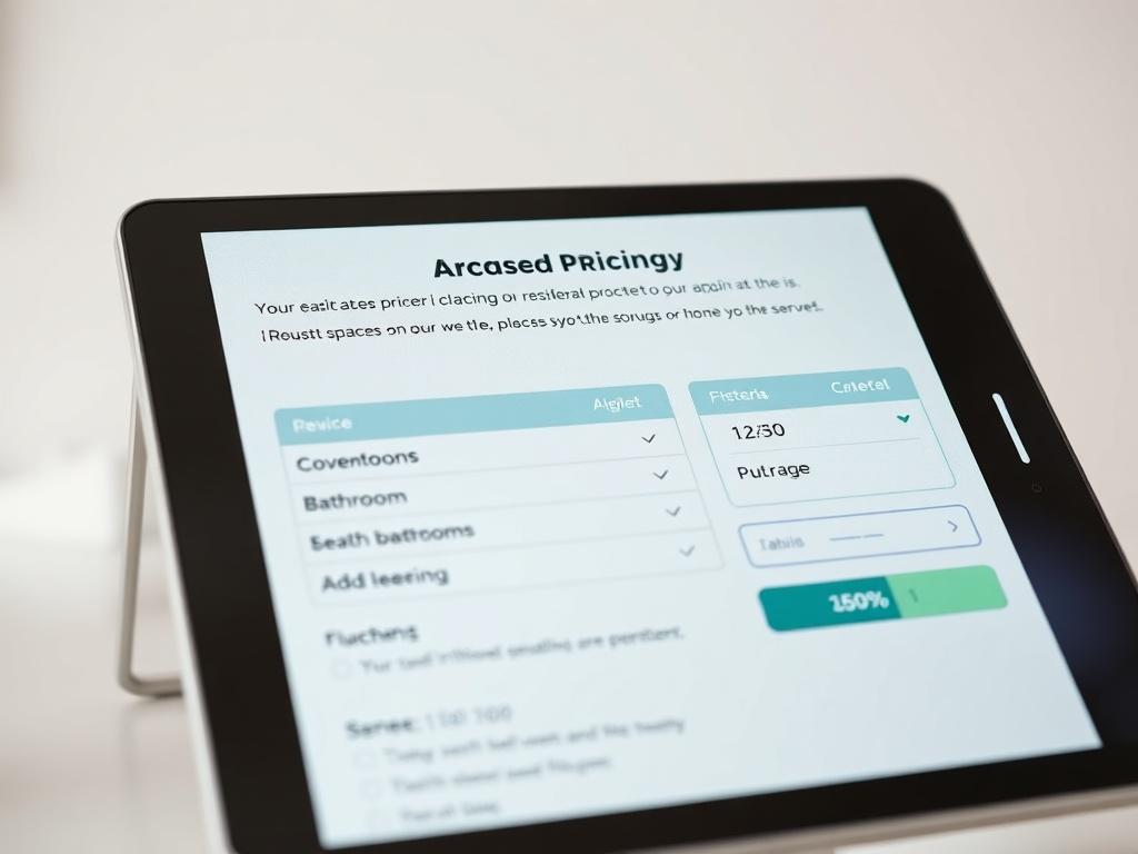 A close-up shot of a modern digital interface displaying a dynamic pricing form for residential cleaning. The screen should show options for bedrooms, bathrooms, kitchen, and additional spaces, with visible pricing and a calculator function. The background should be light and clean, reflecting a professional cleaning service atmosphere.