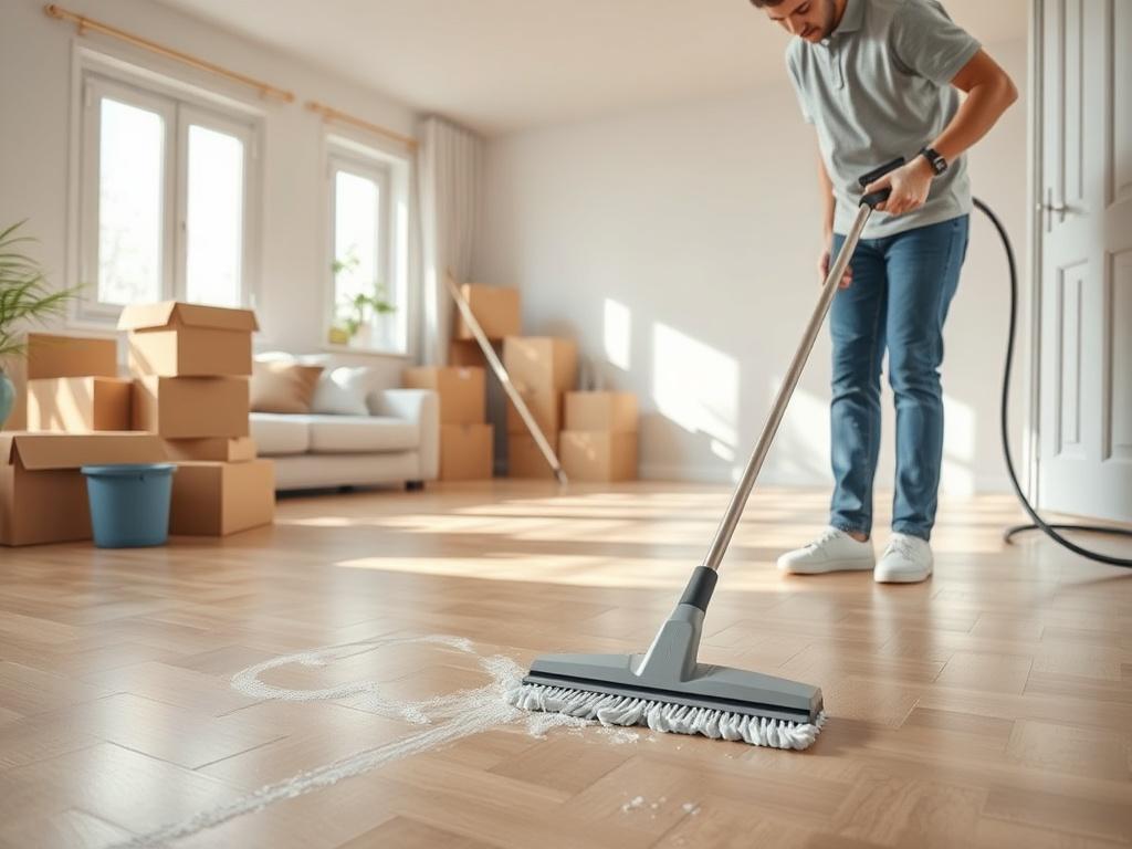 A professional cleaner scrubbing the floors of an empty living room, with boxes stacked in the corner. The scene conveys a sense of preparation and readiness for new occupants, highlighting the importance of a clean move.