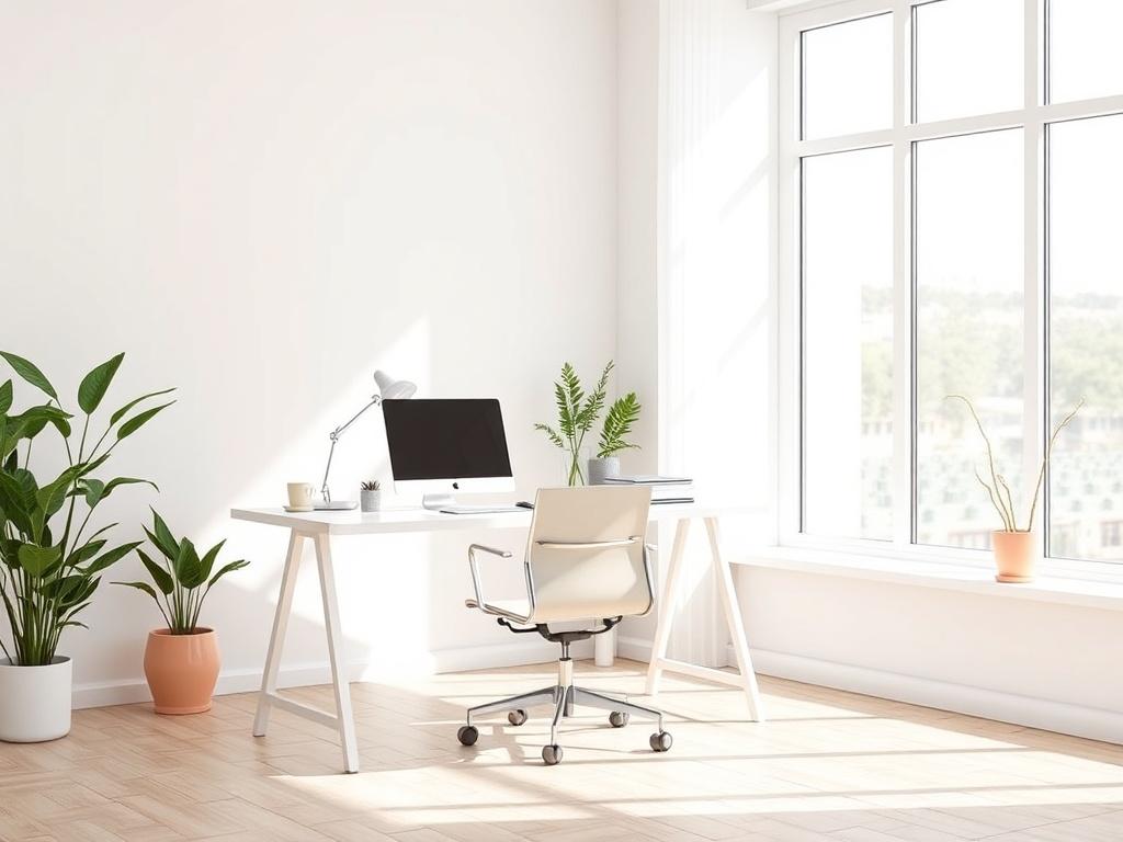 A realistic high-resolution photo of a bright and clean office room with a simple desk, a comfortable chair, and a large window allowing natural light to flood in. The background features minimalistic decor with plants and soft colors. The focus is on the neatness and organization of the office space, emphasizing a productive and inviting atmosphere.