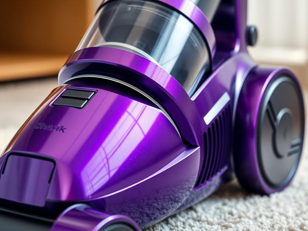 A hyper-realistic close-up shot of a purple shark vacuum cleaner, prominently displayed with a shiny finish. The vacuum should be the only subject in the image, set against a light and airy background that complements the purple color. The focus should be on the sleek design and features of the vacuum, capturing the essence of modern cleaning technology.