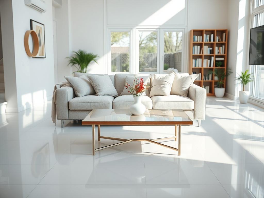 A realistic high-resolution photo of a pristine, clean living room showcasing a well-maintained house interior. The focus is on a cozy sofa adorned with soft cushions, a polished coffee table with a decorative vase, and sunlight streaming through large windows. The walls are painted in light colors, creating a bright and inviting atmosphere. The floor is spotless, reflecting a sense of cleanliness and order. The background features a neatly arranged bookshelf and a few potted plants, adding a touch of warmt
