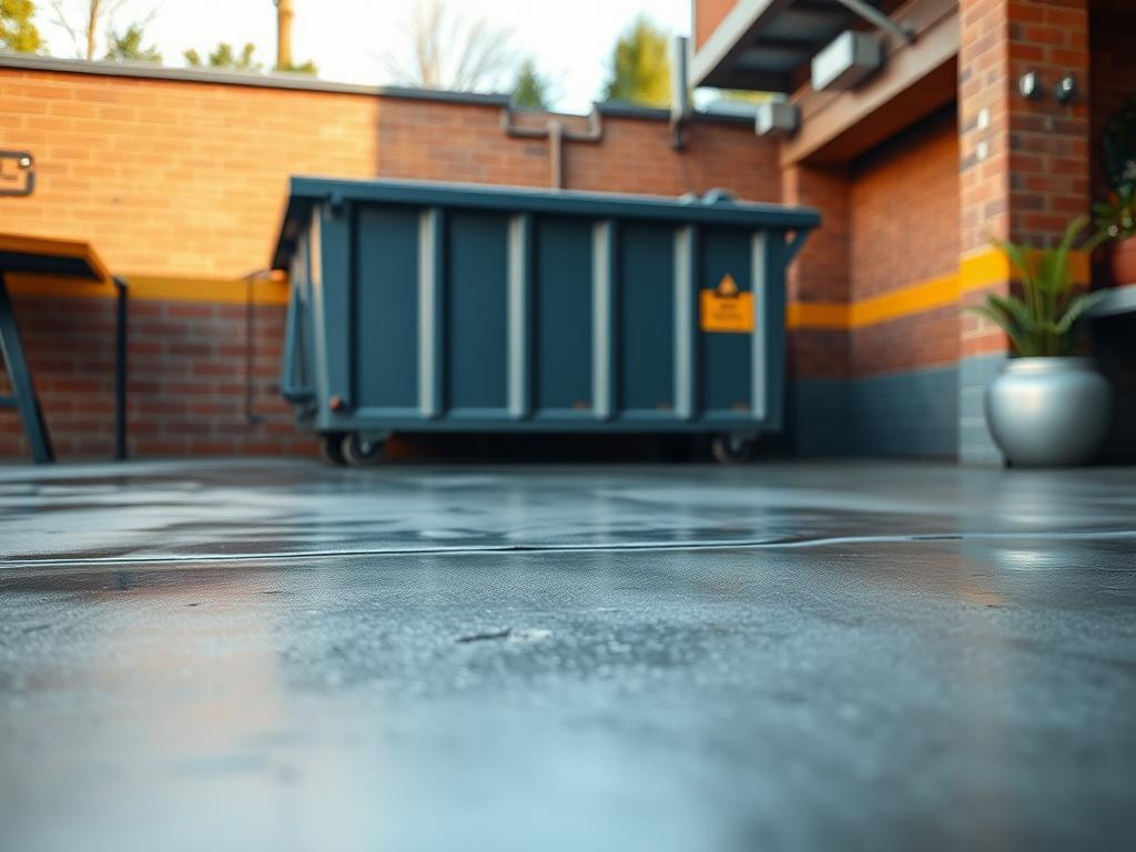 A hyper-realistic close-up shot of a freshly cleaned dumpster pad area, showcasing the removal of oil, grease, and grime. The composition should focus on the immaculate concrete surface, with the dumpster in the background. The lighting should be bright and inviting, emphasizing the cleanliness of the pad. The scene should convey a sense of professionalism and sanitation, suitable for a restaurant setting, with a primary color theme of #C31755.