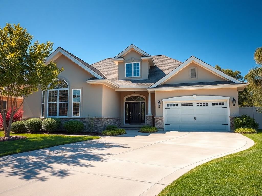 A hyper-realistic close-up shot of a freshly cleaned residential home exterior, showcasing sparkling windows, clean walls, and a pristine driveway. The image should capture the vibrant colors of the house and the surrounding landscape, emphasizing the transformation achieved through professional pressure washing. The background should be a clear blue sky, enhancing the brightness and cleanliness of the scene. The composition should be simple and focused on the house as the main subject, shot with a 45mm f/1