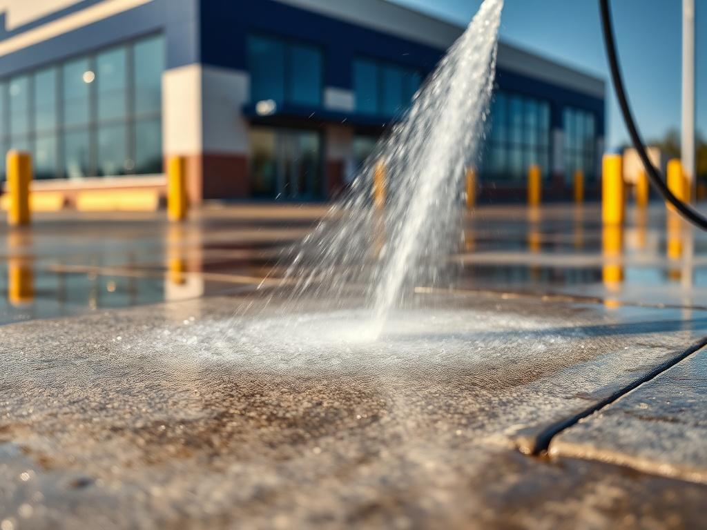 A close-up shot of a commercial concrete surface being pressure washed, showcasing the powerful water jets removing dirt and grime. The background should be a blurred view of a commercial building, with clear focus on the concrete surface and the pressure washing equipment. The image should have vibrant colors, emphasizing cleanliness and shine, shot with a 45mm f/1.2 lens style.