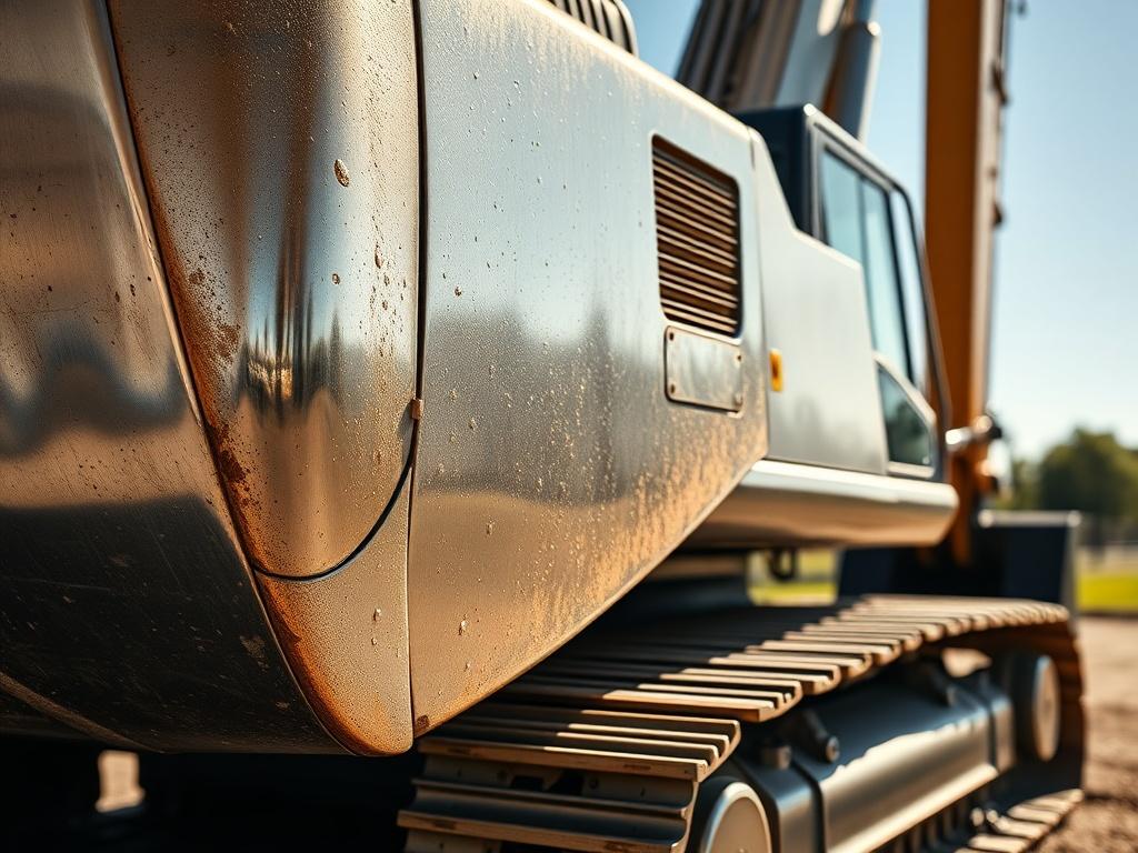 A close-up shot of a gleaming heavy excavator after a thorough cleaning, showcasing the metallic surface reflecting sunlight. The background should be blurred, emphasizing the excavator's details, such as its tracks and hydraulic arms, with a clean and clear outdoor setting.