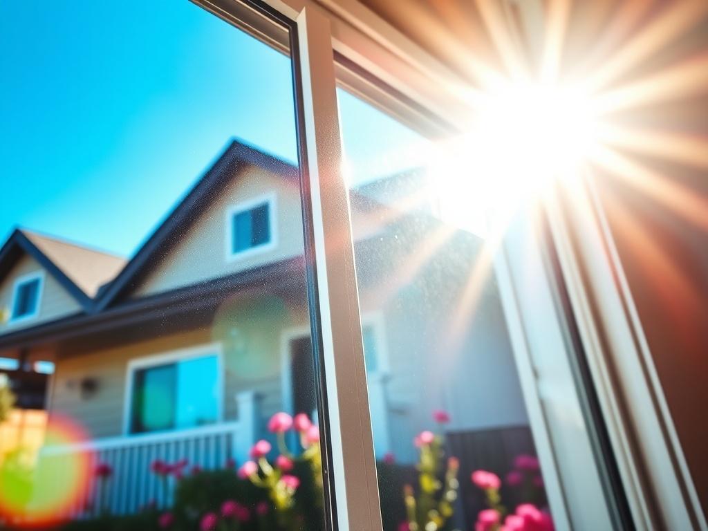 A high-resolution image of a sparkling clean residential window, showcasing the sun reflecting off its surface. The background features a well-maintained home with vibrant flowers and a clear blue sky. The focus is on the window, highlighting its shine and clarity, with bright lighting to emphasize the cleanliness.
