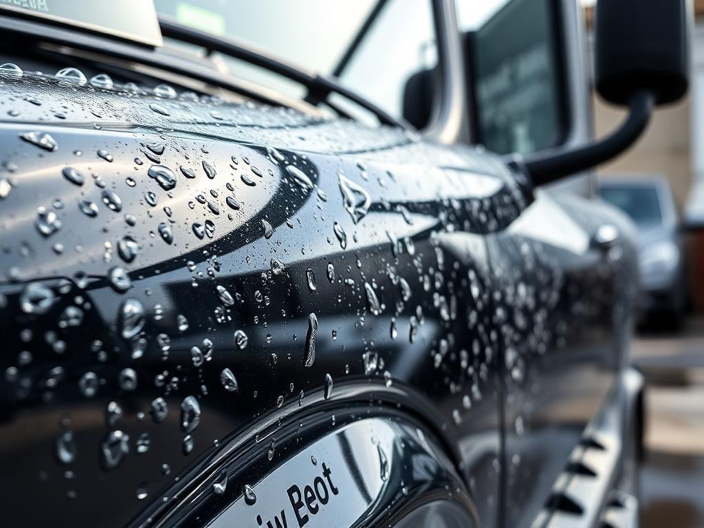 A close-up shot of a shiny commercial fleet vehicle being pressure washed. The vehicle is in the foreground, showcasing the water spray and bubbles, with reflections of the surrounding environment on the surface. The background is blurred to emphasize the vehicle and cleaning action, shot with a 45mm f/1.2 lens style, compatible with the #C31755 primary color.