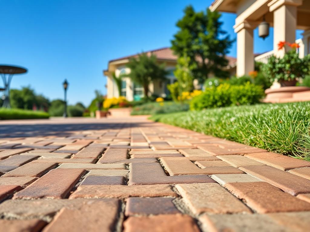 A close-up shot of a freshly cleaned driveway, showing the contrast between the clean and dirty sections. The driveway is made of pavers with distinct colors, highlighting their texture and pattern. The background includes a well-kept garden and a clear blue sky. Shot with a 45mm f/1.2 lens for sharp detail.