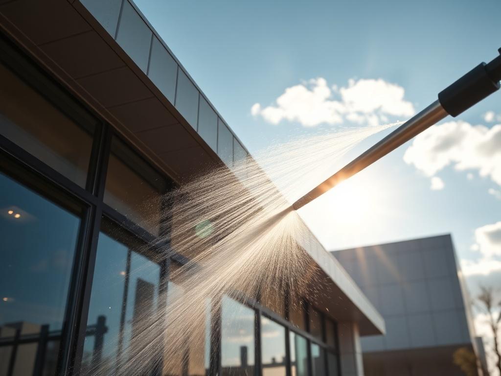 A close-up shot of a commercial building being washed, showcasing the contrast of clean and dirty sections. The building is modern with large glass windows, reflecting the sun. The background features a clear sky and a few clouds. Shot with a 45mm f/1.2 lens for sharp focus.