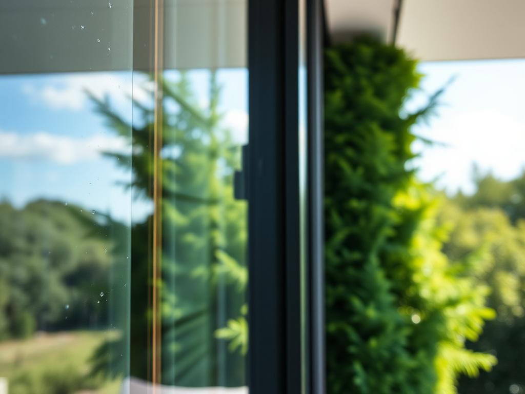 A close-up shot of a sparkling clean window reflecting the surrounding landscape, showcasing the clarity and shine. The window frame is sleek and modern, enhancing the overall aesthetic. The background includes lush greenery and a clear sky. Shot with a 45mm f/1.2 lens to capture details.