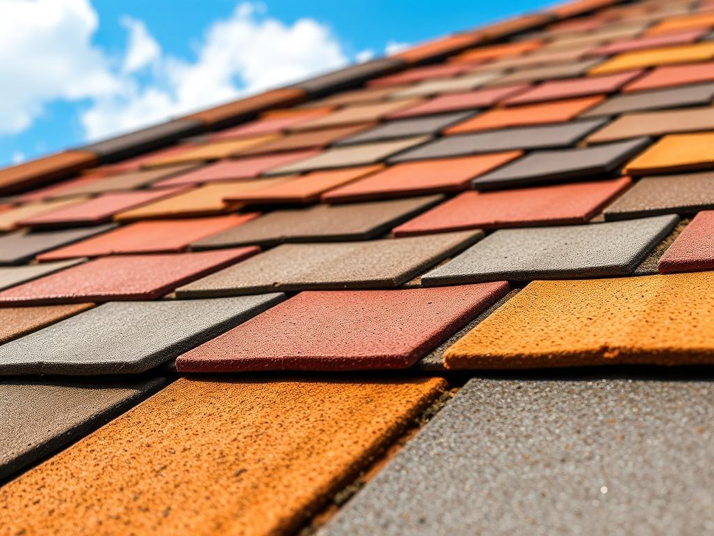 A close-up shot of a clean, glistening roof, showcasing the contrast between the clean and dirty sections. The roof is made of shingles with vibrant colors, highlighting the removal of algae and dirt. The background features a clear blue sky and a few fluffy clouds, emphasizing a fresh and clean environment. Shot with a 45mm f/1.2 lens for sharp focus on the roof texture.