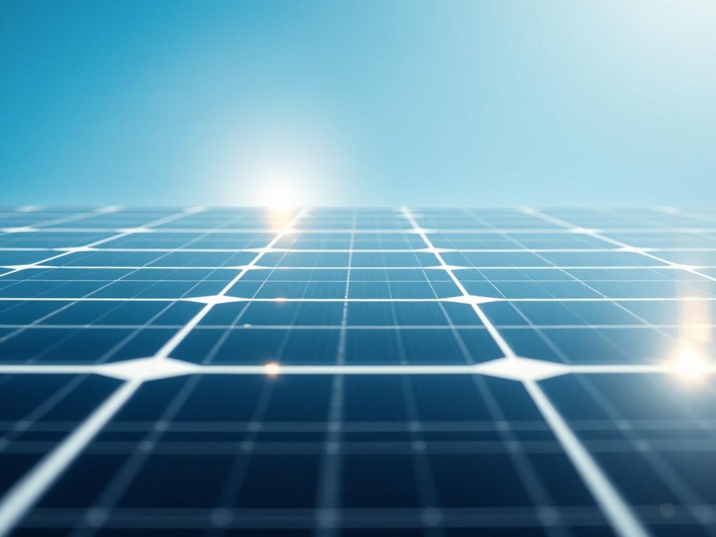 A close-up shot of a solar panel with a gleaming surface, highlighting its cleanliness. The background includes a bright sun and clear blue sky, emphasizing the energy efficiency aspect. Shot with a 45mm f/1.2 lens for maximum clarity.
