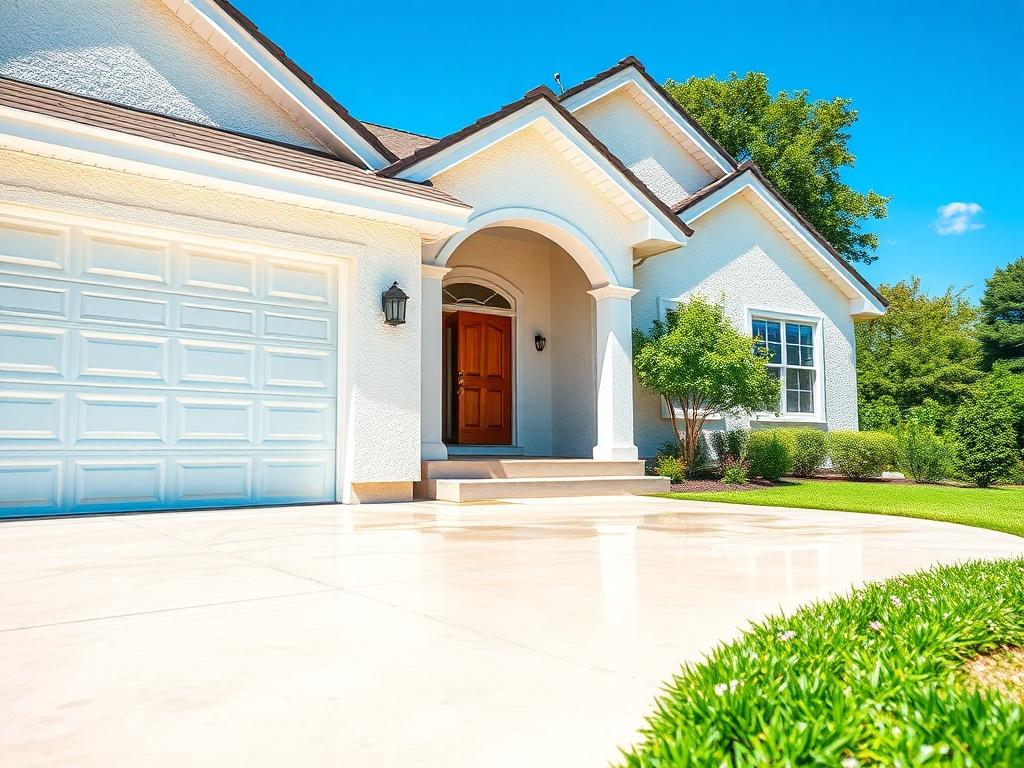 A close-up shot of a sparkling clean house exterior after pressure washing, showcasing pristine walls and a spotless driveway. The background features a clear blue sky and lush greenery, emphasizing the cleanliness and freshness of the recently washed surfaces. The image should be hyper-realistic, shot with a 45mm f/1.2 lens style, focusing on the vibrant colors and details of the clean surfaces.