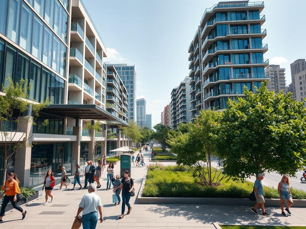 A close-up shot of an urban landscape showcasing a vibrant city redevelopment project, featuring modern buildings and green spaces. The image should reflect a sunny day, with people interacting in the area, emphasizing community engagement and sustainable design. The composition should be clean and focused, with a modern architectural element in the foreground against a backdrop of trees and urban life, captured using a 45mm f/1.2 lens style.
