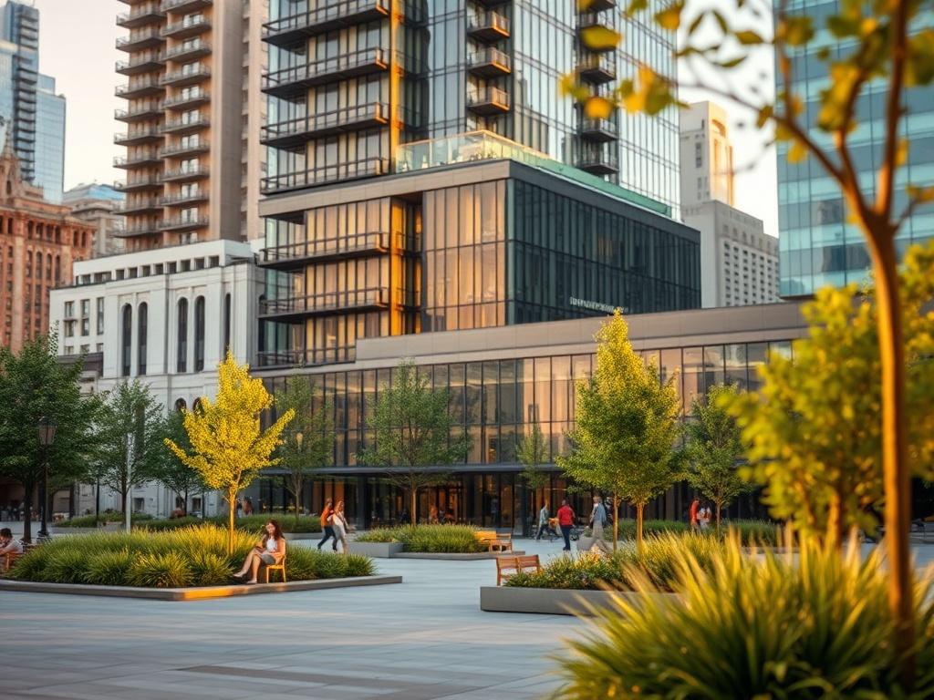 Create a realistic high-resolution photograph designed for a blog titled "Understanding Urban Renewal Concepts." The image should prominently feature a single urban landscape element that reflects the essence of urban renewal, such as a revitalized city park or a modern, eco-friendly building in an urban setting. 

Composition should be simple and clear, focusing on the subject in the foreground, ideally captured during golden hour to enhance the warmth and vibrancy of the scene. The background should consi