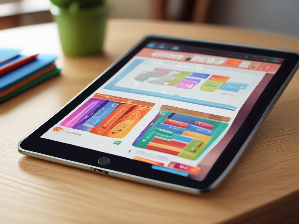 A close-up shot of a digital tablet displaying an interactive user guide with colorful graphics, placed on a wooden desk. The background is softly blurred to emphasize the tablet, capturing a modern and user-friendly design. The image should be in high-resolution, shot with a 45mm f/1.2 lens style, featuring the primary color rgb(2, 86, 197) subtly integrated into the user guide interface.