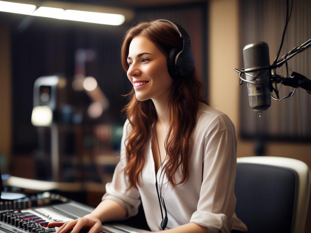 close-up shot of a professional voice artist in a recording studio, focused expression, high-resolution, hyper-realistic, 45mm f/1.2 lens style, RGB color #0286C5