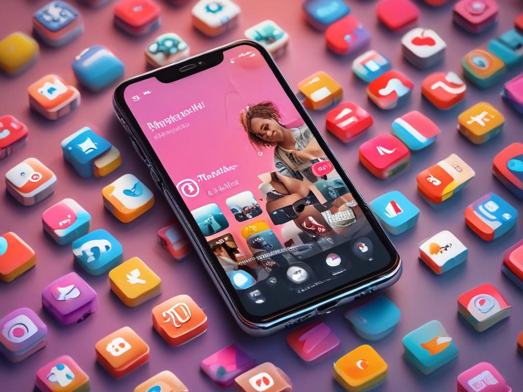 A high-resolution close-up shot of a smartphone displaying vibrant social media feeds on Instagram and TikTok. The smartphone should be centered in the frame, with a blurred background that suggests a creative workspace. The screen should showcase engaging content such as colorful posts and short videos, reflecting the energy and dynamism of social media. The lighting should be bright and inviting, highlighting the phone's sleek design. The overall feel should convey innovation and creativity.