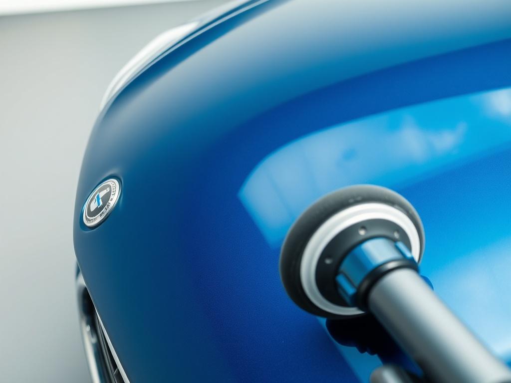 A high-resolution close-up of a car's hood being polished, showcasing the reflection of a clear blue sky. The vehicle's paint is glossy, revealing a deep shine. The background features a clean, soft gray environment, enhancing the cool-toned aesthetic. The image should emphasize the meticulous process of paint correction, with a focus on the polishing tool in action.