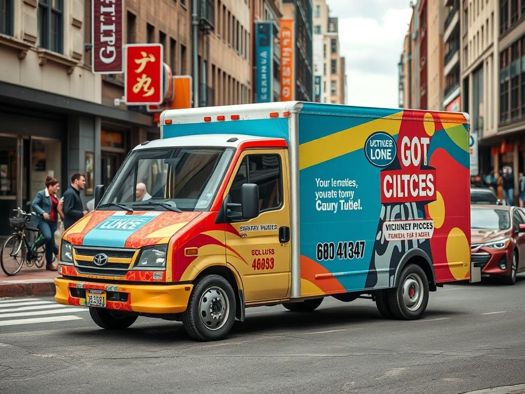 A vibrant delivery truck wrapped with a colorful advertisement for