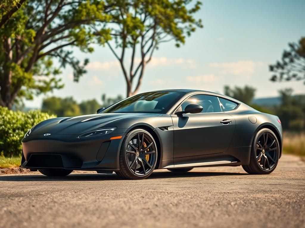 A luxury car with a sleek matte black wrap showcased