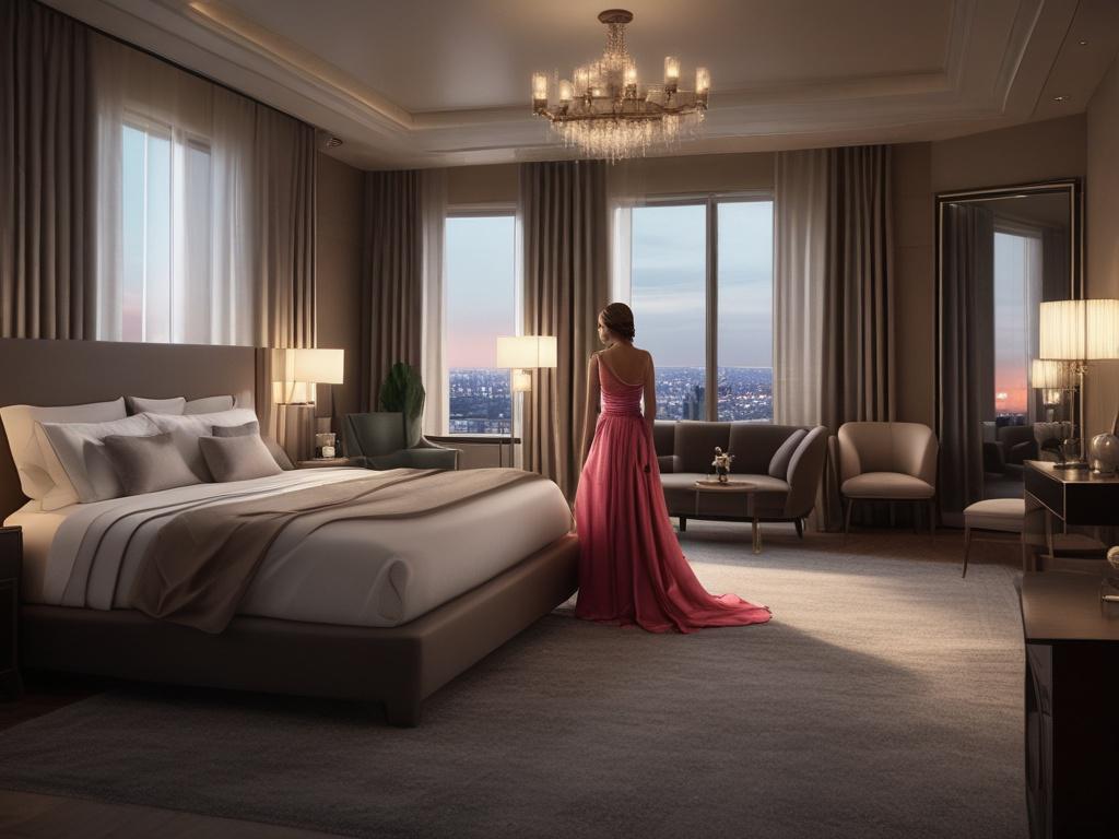 A stunning, elegant woman in a luxurious hotel suite, dressed