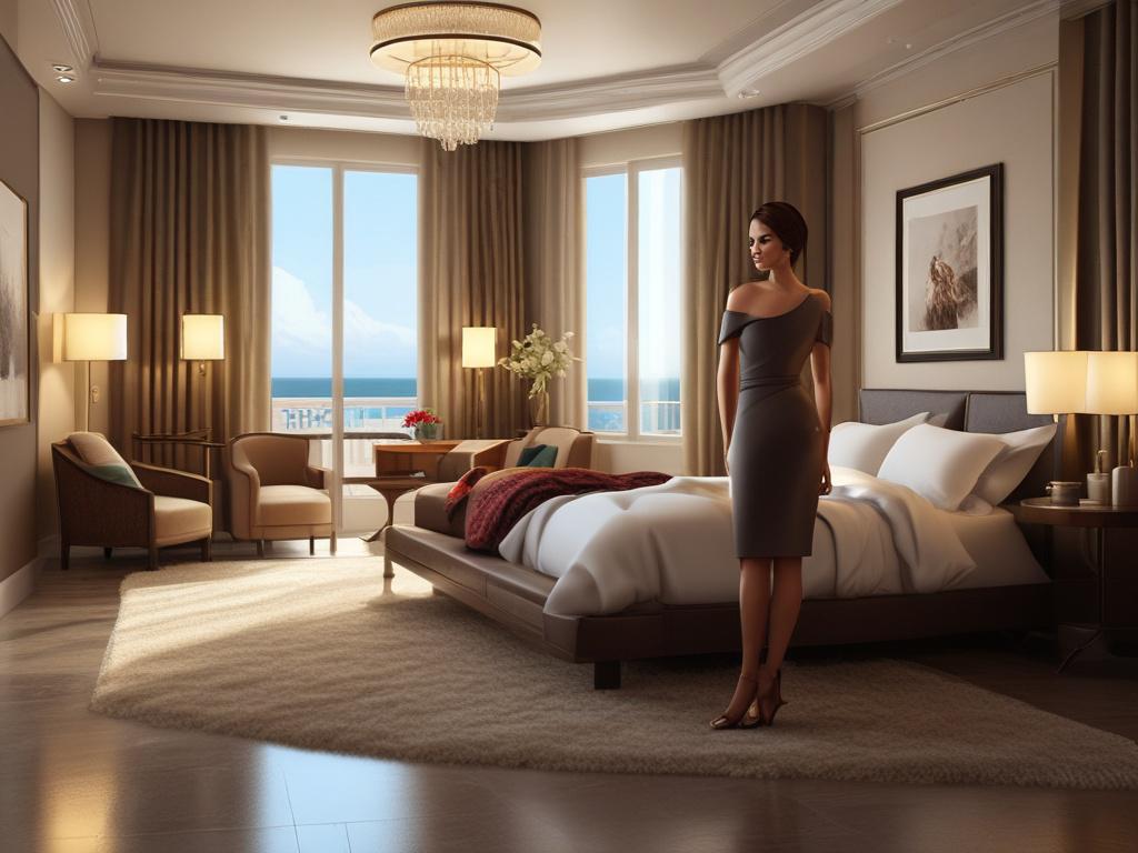 A luxurious hotel room with elegant decor, featuring a beautiful