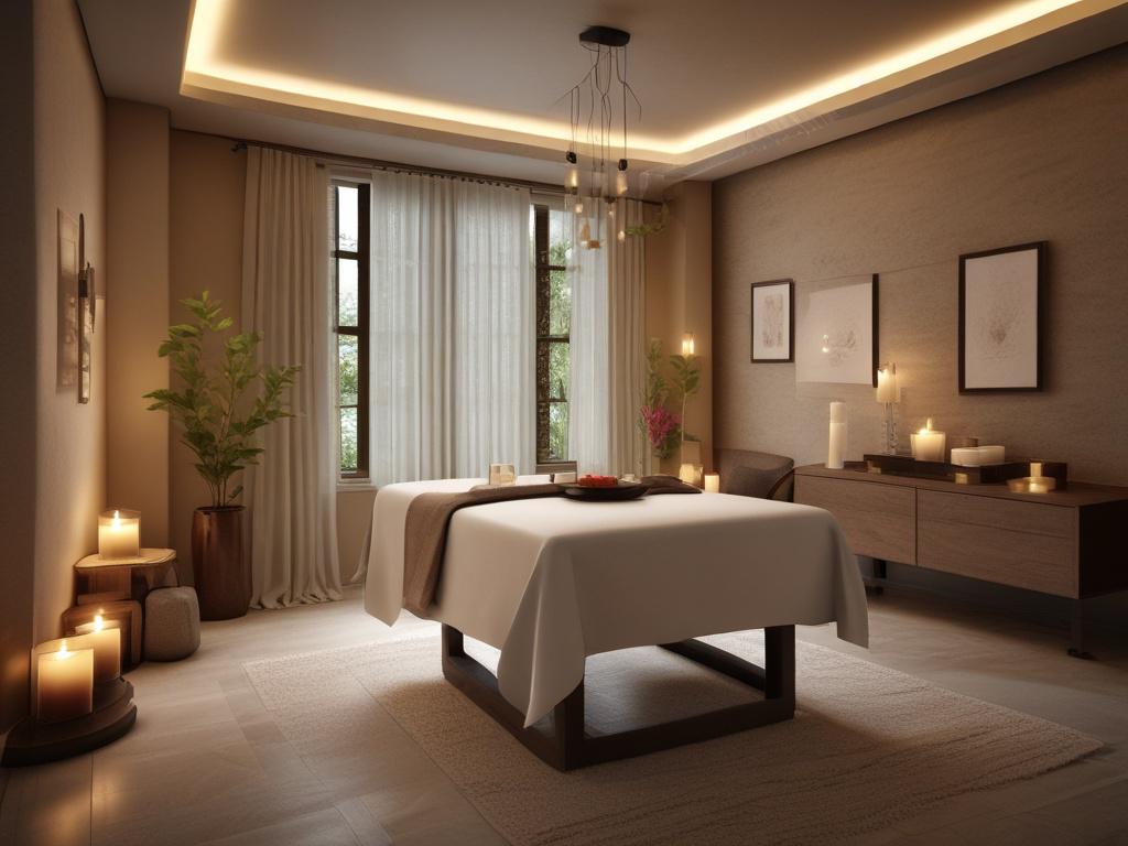 A serene spa setting featuring a massage table adorned with