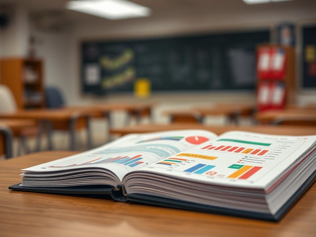 A close-up shot of an educational planner open on a desk, with colorful graphs and charts visible. The background should be a blurred classroom setting, conveying a sense of academic focus and planning. Use a 45mm f/1.2 lens style for hyper-realistic detail.