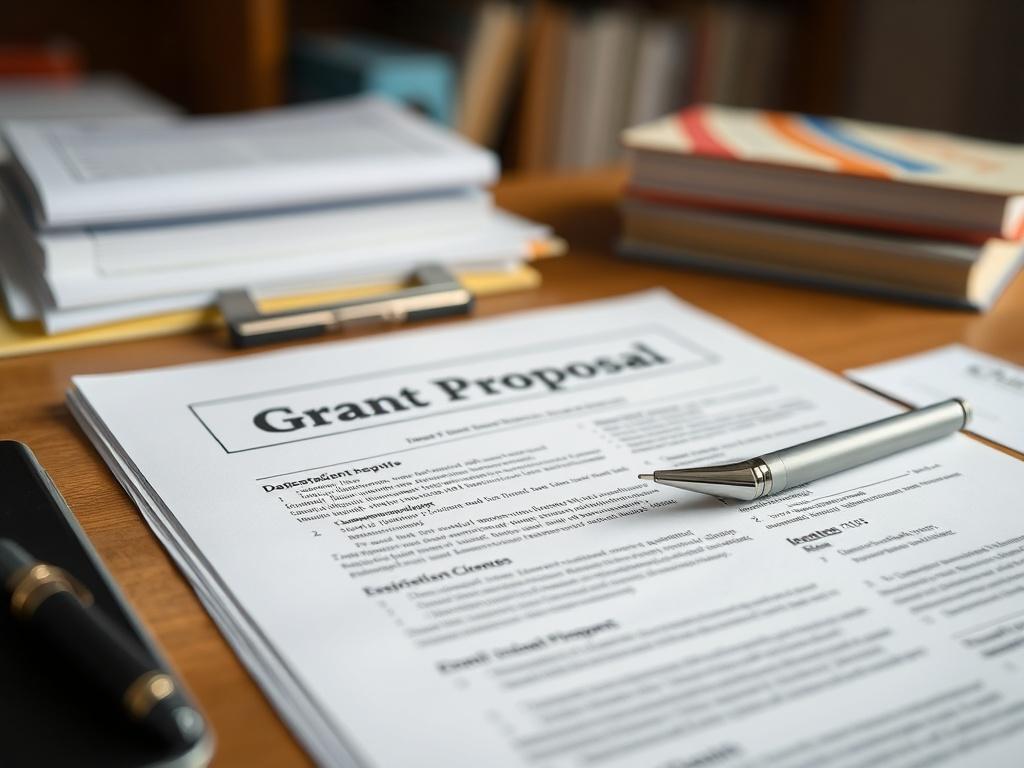 A close-up shot of a professional grant proposal document on a desk, with a pen beside it. The background should include soft-focus educational materials, emphasizing the importance of funding in education. Use a 45mm f/1.2 lens style for hyper-realistic detail.