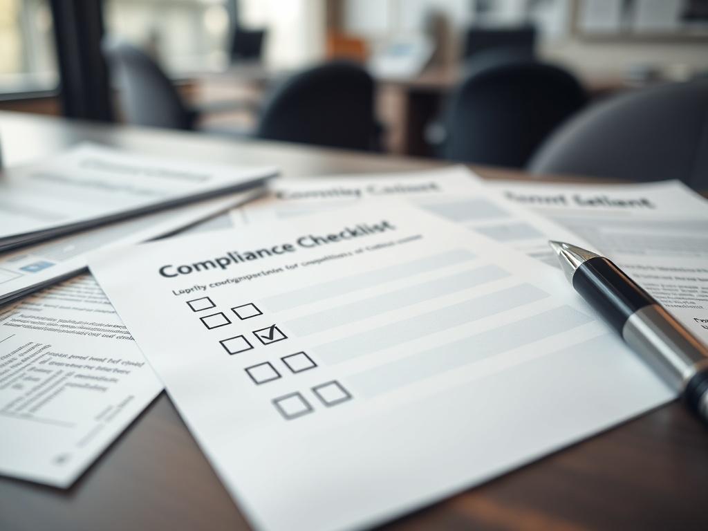 A close-up shot of a compliance checklist with checkmarks, lying on a desk surrounded by educational documents. The background should be an office environment, subtly indicating preparation for a compliance visit. Use a 45mm f/1.2 lens style for hyper-realistic detail.
