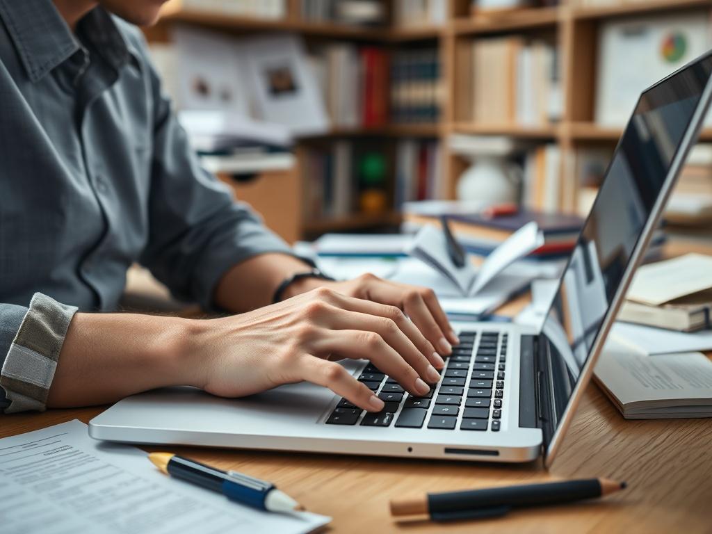 A close-up shot of a professional grant writer typing on a laptop, surrounded by notes and educational resources. The setting should convey a focused and productive atmosphere, with a softly blurred background of an office space filled with educational materials. The image should be hyper-realistic, captured with a 45mm f/1.2 lens.