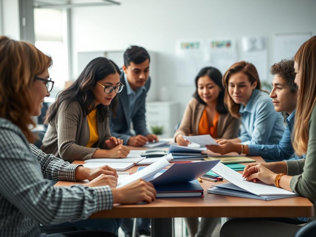 A close-up shot of a diverse group of educators engaged in a brainstorming session, with documents and educational materials spread out on a table. The background should be a softly blurred office environment, highlighting the collaborative atmosphere. The image should be hyper-realistic, captured with a 45mm f/1.2 lens.