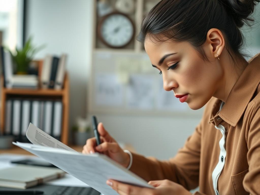 A hyper-realistic close-up shot of a professional reviewing compliance documents in an office setting, with a focused expression. The background should feature a neatly organized workspace with educational materials and regulatory books, softly blurred to emphasize the subject. The image should be captured with a 45mm f/1.2 lens.
