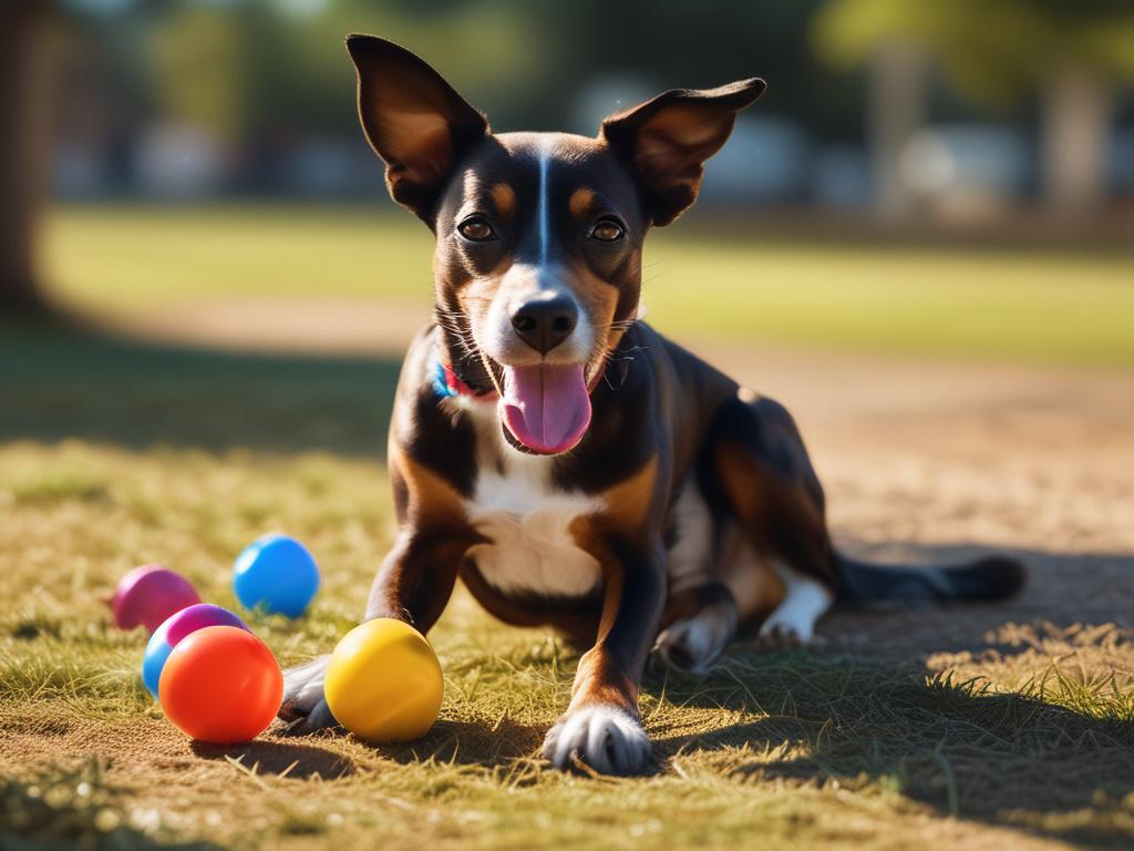 A photorealistic image of a happy dog playing with a colorful toy in a sunny outdoor setting, vibrant colors, minimalistic composition with clean lines, blurred natural background, focus on the dog and the toy, high-resolution detail.