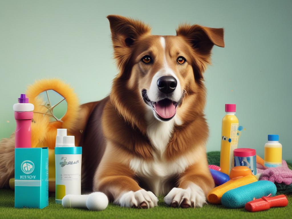 realistic high-resolution photo of a happy dog with vibrant fur, sitting on grass, surrounded by pet care products, minimalistic composition, bold colors, focus on essential elements, photorealistic detail