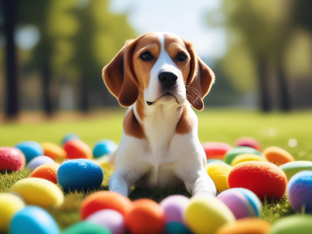 realistic high-resolution photo of a playful beagle dog surrounded by colorful eco-friendly dog toys in a bright sunny park, minimalistic background, vibrant colors, clean lines