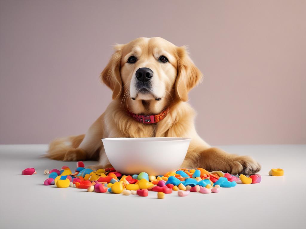 realistic high-resolution photo of a golden retriever dog eagerly sitting in front of a bowl of colorful dog treats, minimalistic background, vibrant colors, clean lines