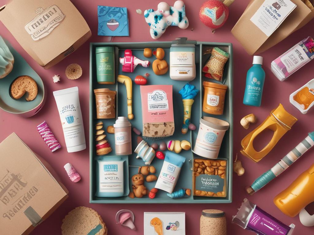 A realistic high-resolution photo of an open subscription box filled with pet treats, toys, and wellness products, arranged neatly on a clean surface.
