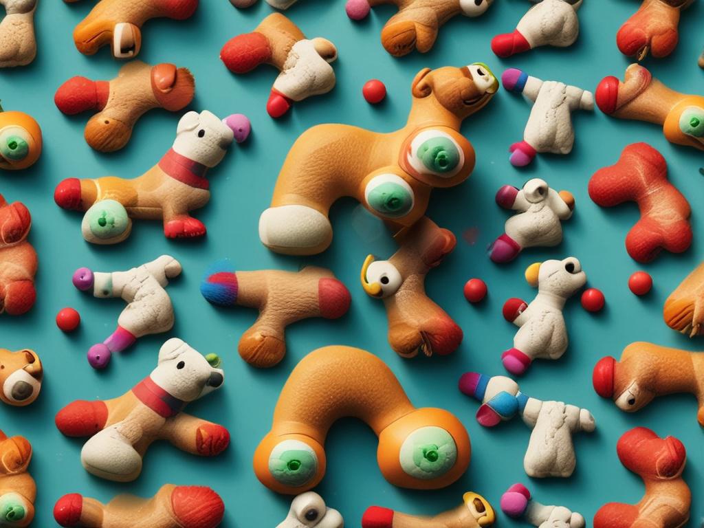 A realistic high-resolution image of an eco-friendly dog toy, designed with vibrant colors and minimalistic style. The toy is placed on a clean, light background, showcasing its unique shape and texture, capturing the essence of playfulness.