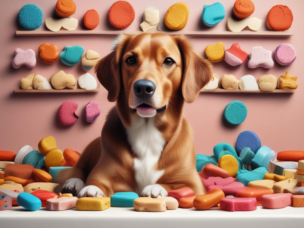 A realistic, high-resolution photo of a joyful dog sitting next to a beautifully arranged display of homemade dog treats, colorful and vibrant, with a clean and minimalistic background, showcasing a fun and inviting atmosphere.