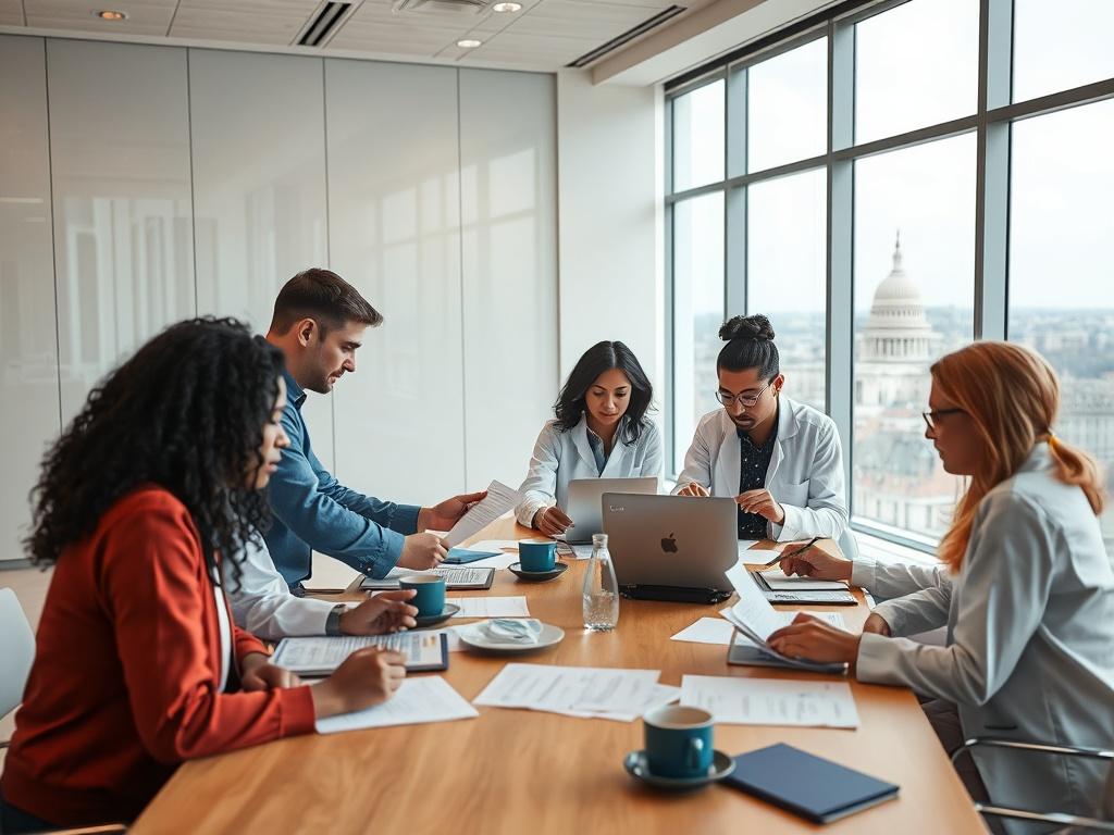 A high-resolution image of a diverse group of scientists and teachers gathered around a table, reviewing proposals with papers and laptops open. The scene is set in a bright, modern conference room, with a large window showing a view of Washington, DC. The focus is on a collaborative atmosphere, with documents and coffee cups on the table, capturing the essence of teamwork and evaluation.