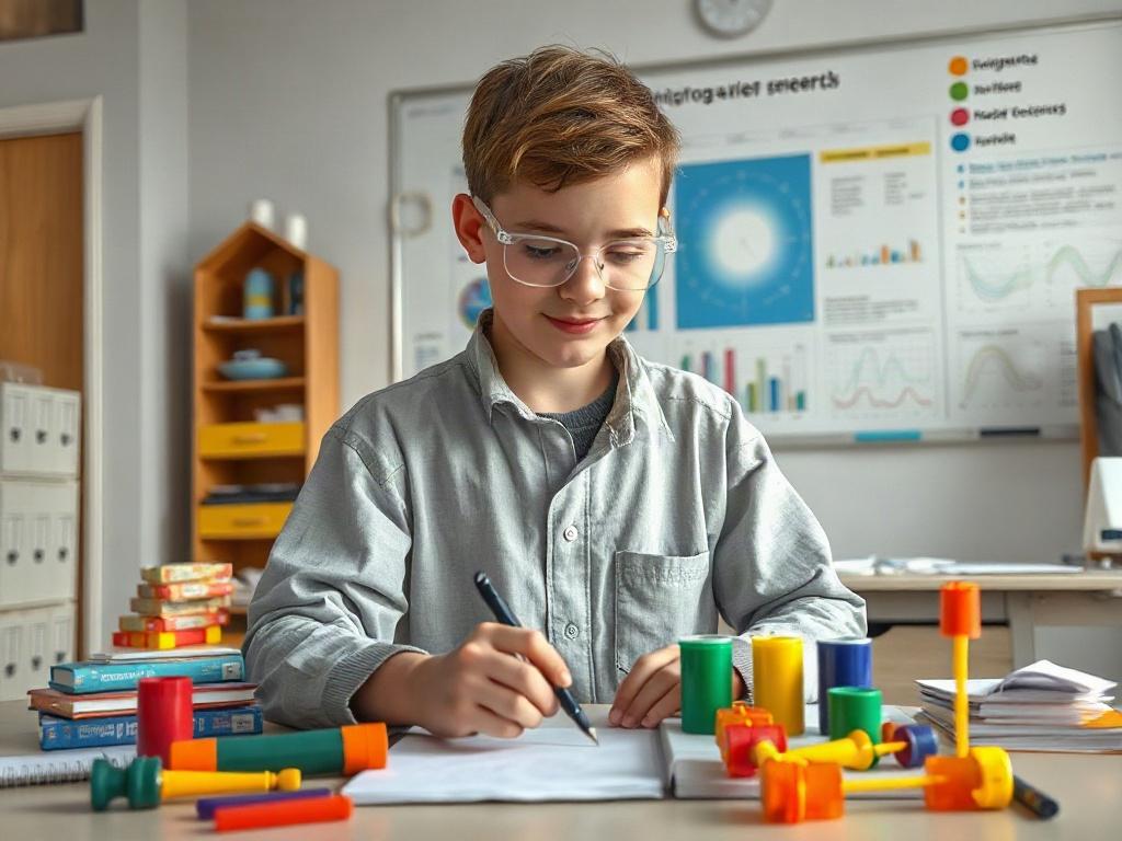 **AI Image Generation Prompt:**

Create a realistic high-resolution photo centered on a young student, approximately 14 years old, working diligently in a classroom environment. The student is focused on designing an experiment, surrounded by a variety of colorful science materials and tools, such as lab notebooks, model rocket parts, and charts depicting microgravity concepts. 

In the background, include a simple whiteboard with diagrams of space and microgravity research, subtly hinting at the theme of t