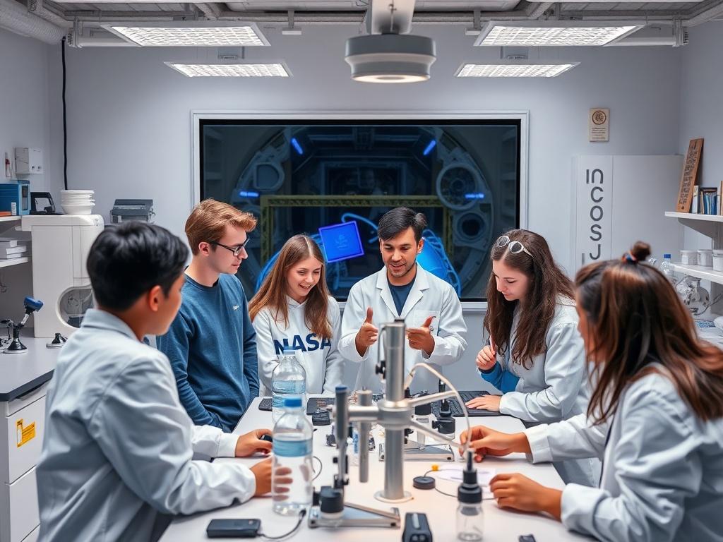 A high-resolution image depicting a group of enthusiastic students working together on a science project, with microgravity simulation equipment in a lab setting. The room is filled with scientific instruments, and the students are engaged in discussion, showcasing teamwork and innovation.